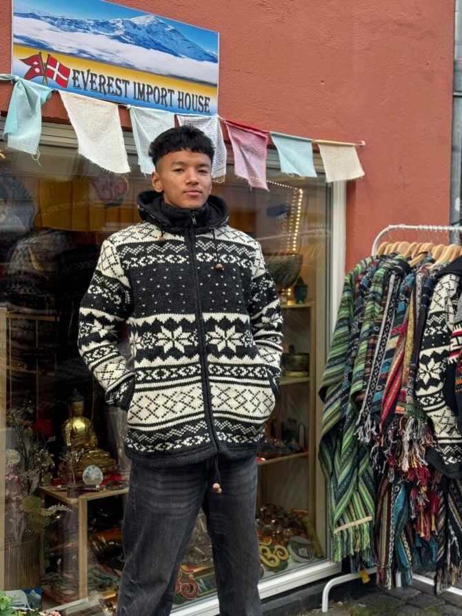 Handmade Woolen Jacket with Nordic Snowflake Pattern – Nepali Artisan Hoodie